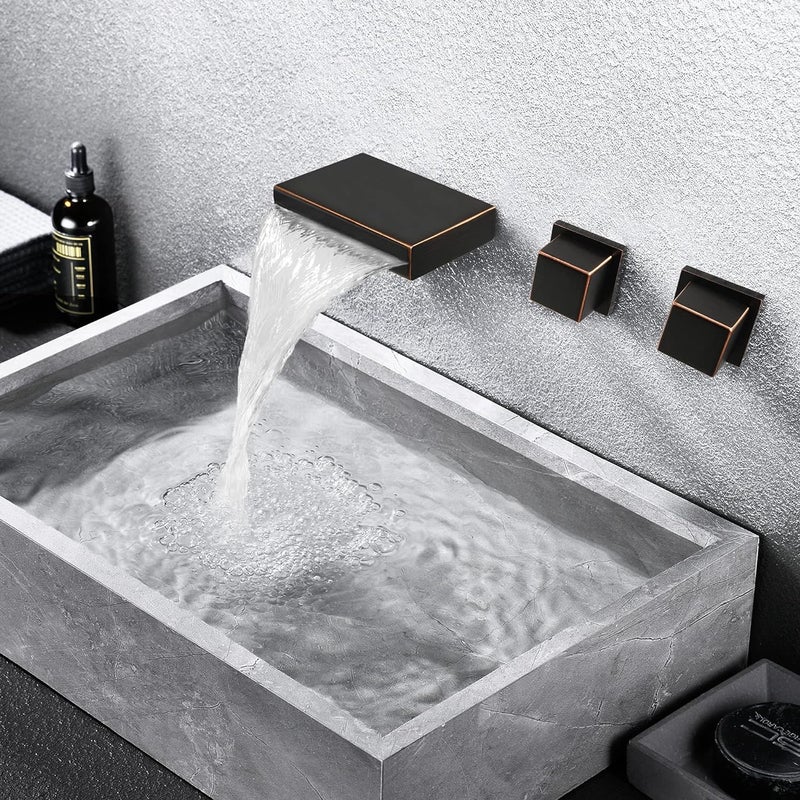 SKOWLL Wall Mounted Sink Faucet, Modern Waterfall Bathroom Faucet 2 Handle Widespread Faucets for Bathroom Sink 3 Holes Tub Filler, Oil Rubbed Bronze Finished - Image 3